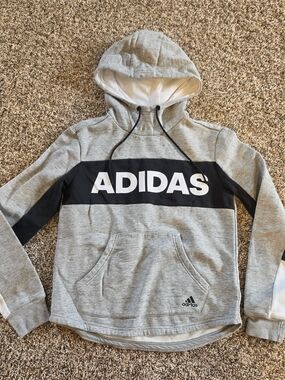 Adidas Women's Grey Hooded Sweatshirt with Contrast Black Chest Panel XS